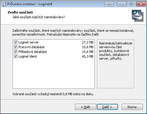 Volba součástí Tento krok průvodce instalací vám nabízí možnost zvolit, jaké součásti budou do počítače, konkrétně do vámi zvolené složky, instalovány.