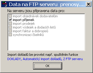 INIsoubory Pokud chcete, aby se automaticky zjišťovalo, zda jsou na FTP serveru připraveny soubory ke stažení (doklady pro import, synchronizační soubory), doplňte do sekce[export/import] jeden nebo