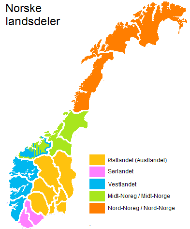 d. Norské regiony (landsdeler) Norsko je rozděleno na pět hlavních regionů (landsdeler), založených na geografických a dialektických rozdílech.