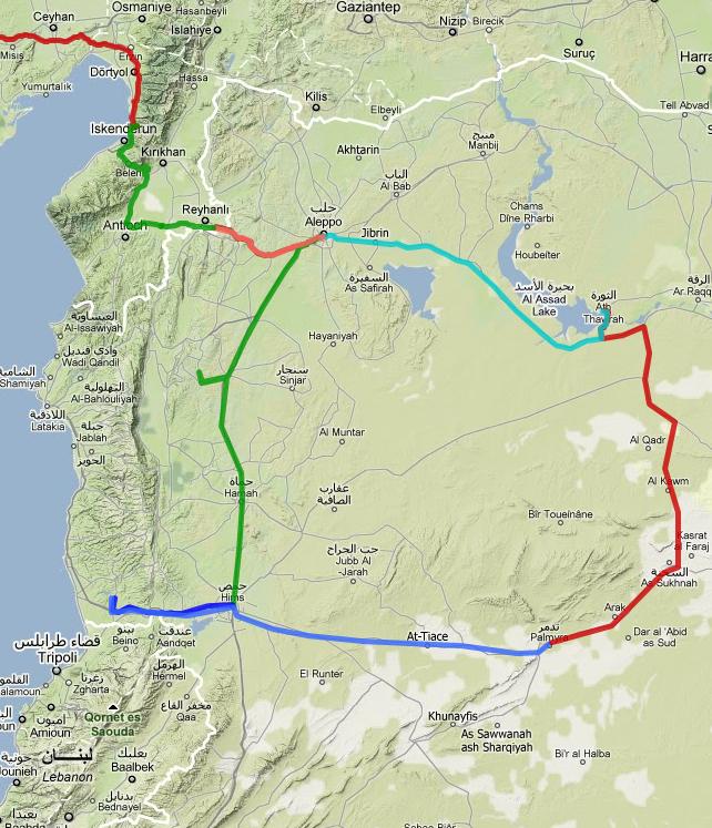 2010, ujeto: 0 km Aleppo 6.den neděle 26.9.2010, ujeto: 237 km půjčeným autem Aleppo Serjilla Al Bára Hama Homs - zelená čára na mapě v Sýrii 7.den pondělí 27.9.2010, ujeto 263 km půjčeným autem Homs Krak des Chevaliers - tmavě modrá čára na mapě v Sýrii Krak des Chevaliers Homs Palmyra světle modrá čára 8.