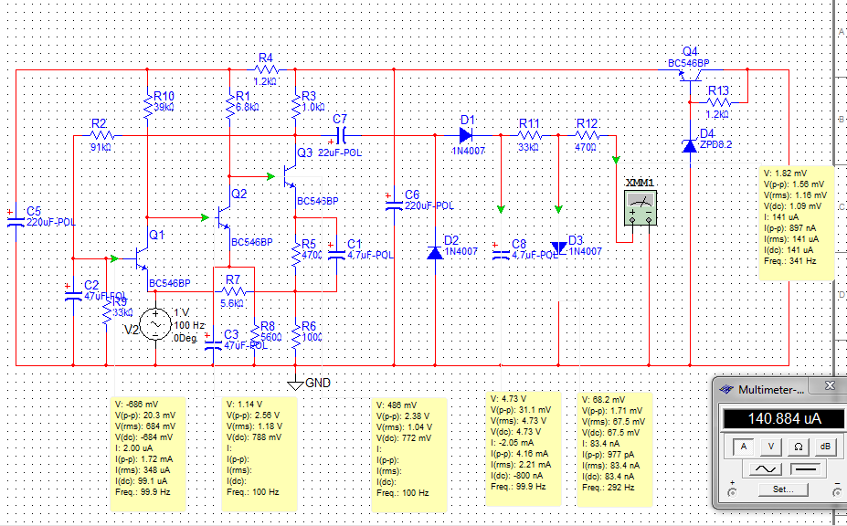 6.5 Simulace obvodu v programu Elektronics Workbench Při zjištění špatné citlivosti reálného obvodu jsem hledal chybu pomocí softwaru Elektronics Workbench, kde jsem simuloval zapojení s jinými