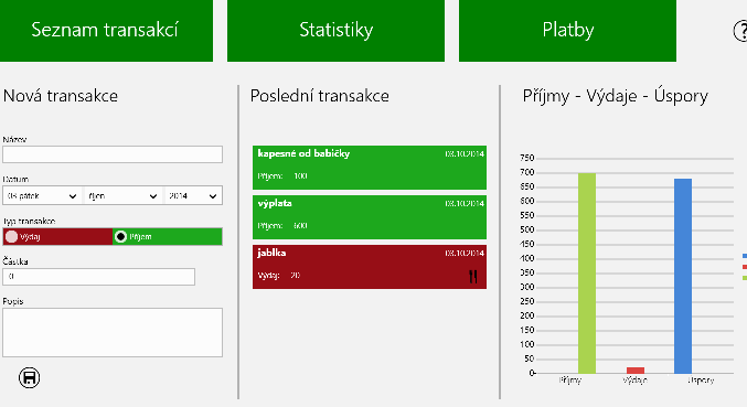 výdajů vyberete z rozbalovacího menu typ výdaje, např.: jídlo, zdraví, bydlení, auto A pak sledujete graf, kde jsou přehledně ve sloupcích vidět vaše výdaje, příjmy a úspory.