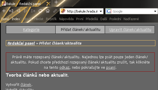 Další činnost Článek nebo aktualitu si lze prohlédnout před samotným uložením. Dále zveřejnit, nebo uložit pro pozdější editaci.