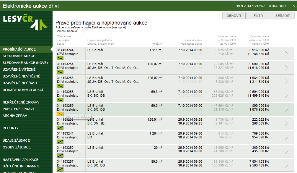 Obrázek 6 Přehled probíhajících aukcí Aukce může být vedena v ceně za Měrnou jednotku nebo v ceně za Aukční blok.