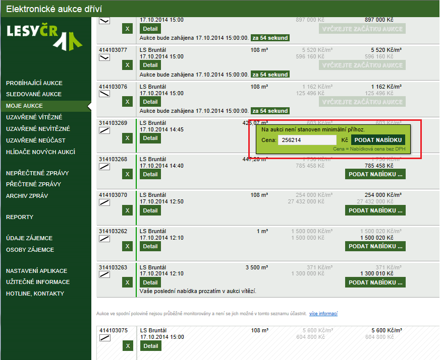 Obrázek 46 Podání nabídky vzestupné aukce v seznamu