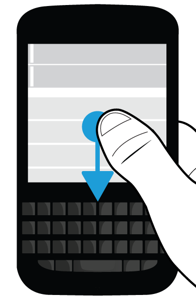 BlackBerry Hub a e-mail Přechod na další nebo předchozí zprávu 1. Ve zprávě pomalu posuňte prstem od levého okraje zprávy k pravému a zobrazte tak seznam zpráv. 2.