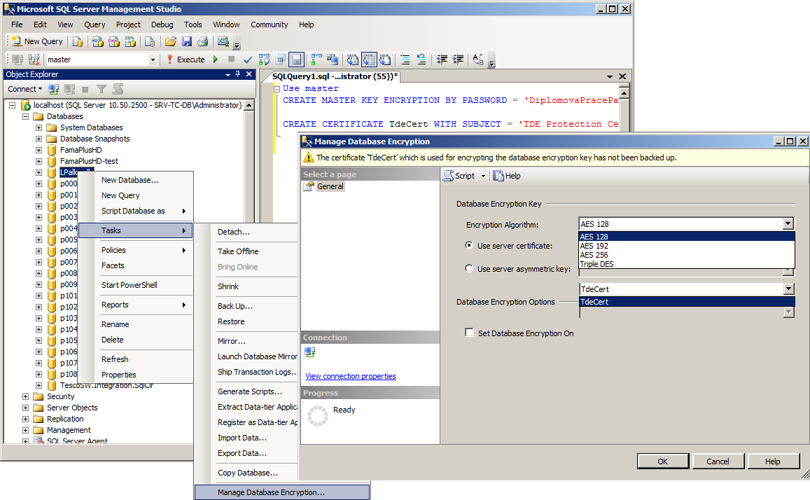 UTB ve Zlíně, Fakulta aplikované informatiky, 2012 116 Obrázek 36 Nastavení šifrování databáze Nastavení šifrovacího algoritmu [6] V rámci tohoto dialogu je potřeba vybrat šifrovací algoritmus,