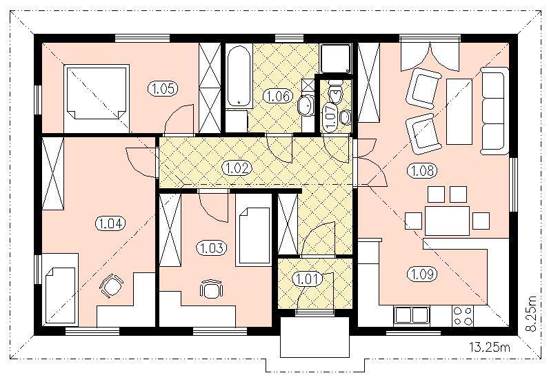 RD Abies Tento jednopodlažní rodinný dům je vhodný pro pohodlné bezbariérové bydlení čtyřčlenné rodiny. Obývací pokoj je propojen s jídelnou a kuchyňskou částí.