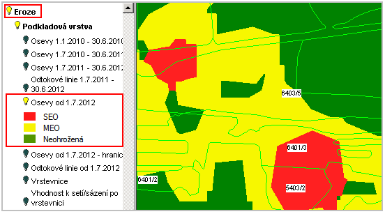 POZOR: U opatření pro osevy v období od 1.7.2012 došlo přebarvení podkladové vrstvy erozní ohroženosti pouze na 3 základní barvy (zelená, žlutá, červená).