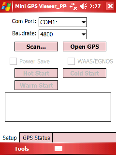 12. Spuštění programu Mini GPS Viewer 1. Následující okno ukazuje Mini GPS Viewer_PPC spuštěný na PDA (viz obr. 1). Verze pro Windows 2000/XP se mírně liší v zobrazení informací. (Obr. 1) 2.