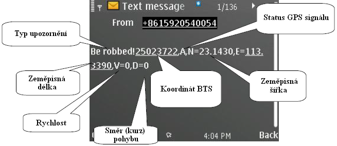 Přiklad: SMS zpráva na obrázku upozorňuje na to, že bylo stisknuto SOS tlačítko.