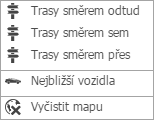 2.1 Plánování tras Vyčistit mapu Odstranění všech zobrazených volitelných prvků Tabulka 2: Popis ikon pro práci s mapou Pomocí funkce Plánování tras můžete zobrazit na mapě trasu a navigaci po trase.