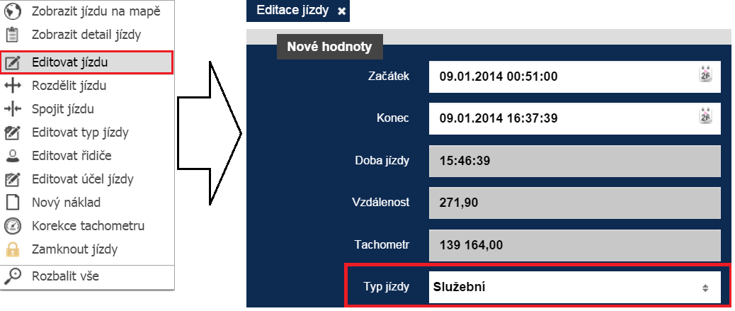 Obr. 19: Změna typu jízdy přes Editaci jízdy 2.3.