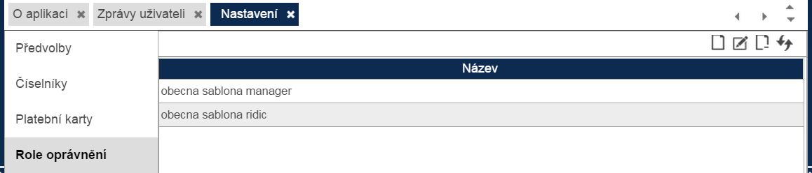 Obr. 26: Editace platební karty - navíc s možností vyřazení Role oprávnění Pokud aplikaci používá více uživatelů, kteří mají mít stejná oprávnění, je výhodné pro takovéto uživatele nastavit šablonu