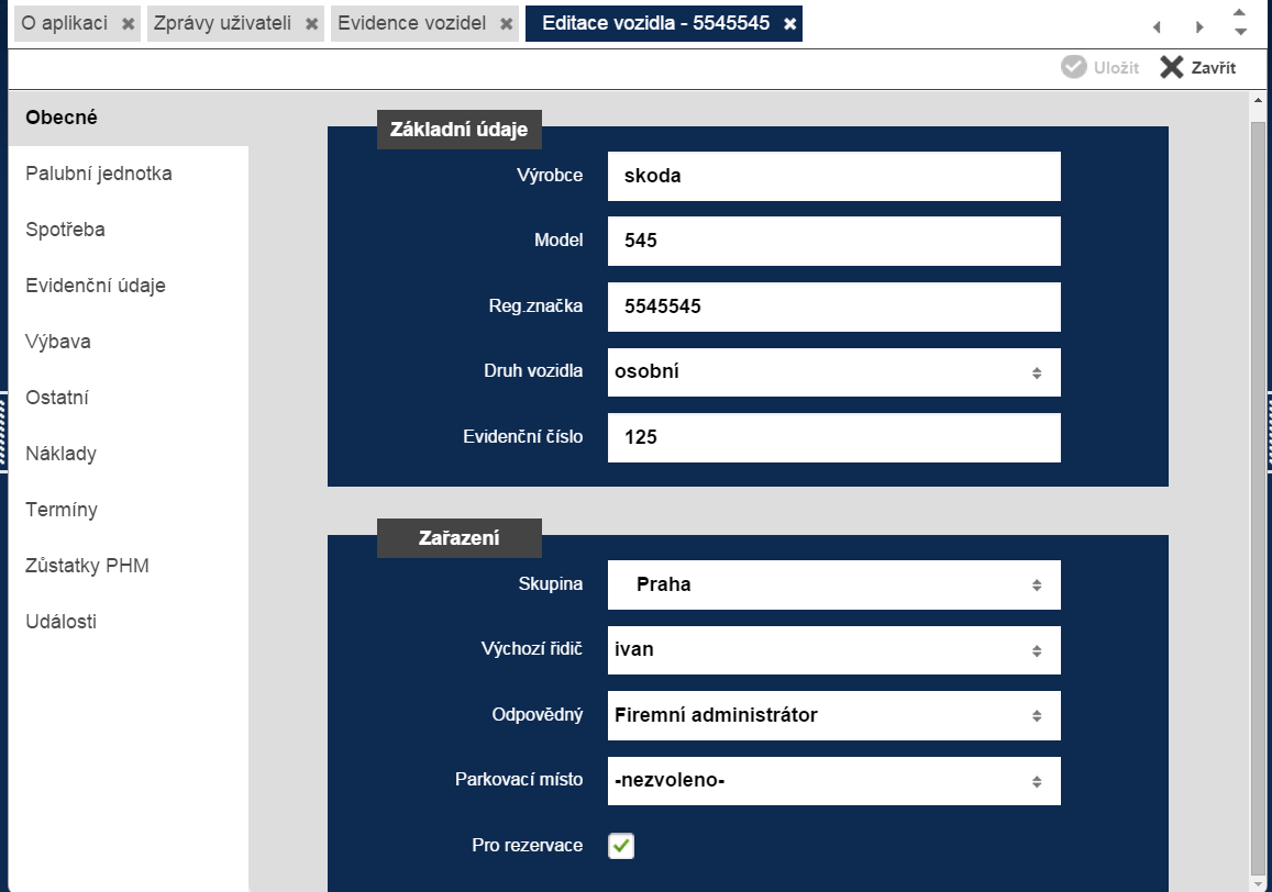 Obr. 29: Možnosti editace vozidla Obecné Na kartě Obecné lze evidovat základní údaje o vozidle a zařazení vozidla do skupiny (divize, středisko a další nižší organizační úrovně).