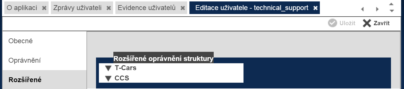 Podle toho, zda byla zvolena Firma, Divize, Středisko (či jiná nižší organizační úroveň), vozidlo, řidič či uživatel se následně zobrazí kombinace oblastí oprávnění pro daný prvek. Obr.