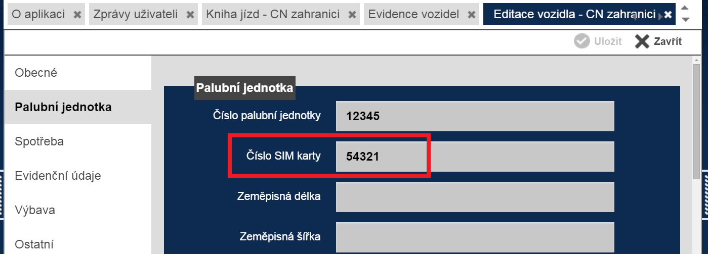 Číslo SIM karty slouží jako obecný identifikační údaj jednotky při komunikaci s technickou podporou systému CCS Carnet. Obr.