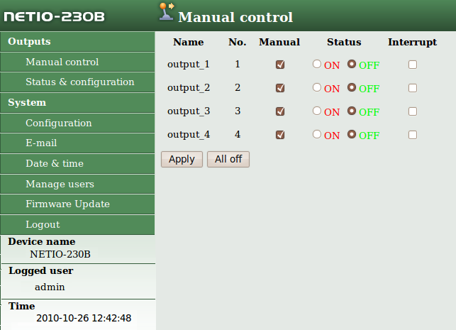 5 Ovládání a nastavení 5.1 Ovládání a nastavení výstupů 5.1.1 Ovládání výstupů V levé části okna klikněte na Manual Control. Zobrazí se Vám stránka s ovládáním jednotlivých výstupů.