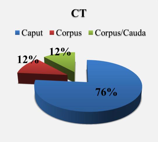 Praktická část Z obou tabulek vyplývá, že nejčastějším místem lokalizace patologického procesu při EUS a CT vyšetření byla hlava pankreatu.