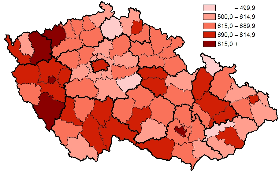 Incidence onemocnění ZN a novotvary in situ na 100 000 mužů (průměr 2003 2007) Incidence of MN and neoplasms in situ per 100 000 males (average 2003 2007)