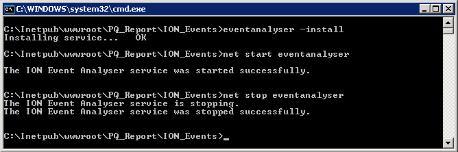 Spuštění a zastavení služby operačního systému Nejsnažší způsob, jak spustit službu ION Event Analyser je otevřít příkazový řádek a zadat příkaz net start eventanalyser.