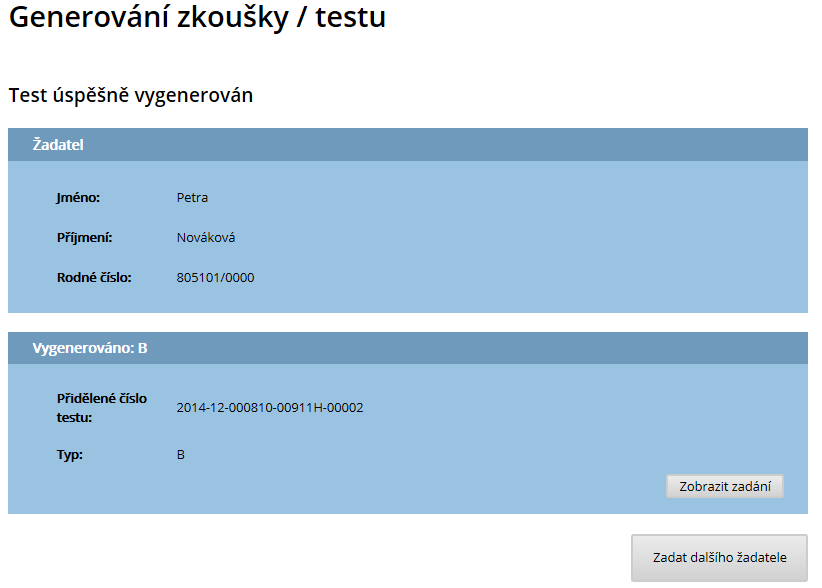 Obrázek 27: Formulář Generování zkoušky / testu volba papírového testu Vyplňte údaje o testu a o žadateli.