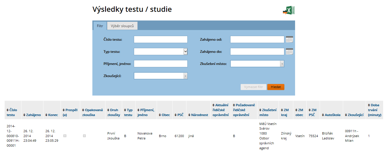 3.2.1 Výsledky testu / studie Tato část aplikace umožňuje uživateli zobrazit přehled testů složených v určitém období na přiřazených zkušebních místech.