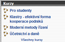 Menu Kurzy na obrázku 2-14 takto vypadá v případě, že je student nepřihlášen, zobrazuje seznam kategorií, do kterých jsou jednotlivé kurzy zařazeny. O kategoriích bude ještě řeč v dalších odstavcích.