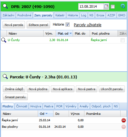 1 Parcela je založena k 1.1.2014 bez plodiny. Pomocí tlačítka Nová plodina zaseji od 25.3.2014 jarní řepku. Sklizeň řepky proběhne 5.8.2014. Protože se bude měnit v důsledku zasetí dvou plodin počet parcel na DPB, použiji ke sklizni tlačítko Ukončit parcelu, kdy zadám datum 5.