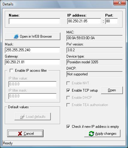 Nastavení IP adresy - UDP Config Program UDP Config - hlavní adresář na přiloženém CD (verze pro Windows i Linux). Program lze stáhnout na http://www.hwgroup.com Software -> UDP Config.