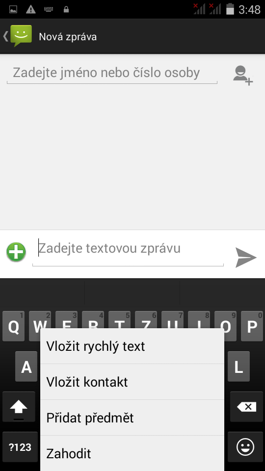 2.1.6 Další možnosti práce v nové SMS a MMS V otevřené zprávě po kliknutí na tlačítko nabídky můžete: Vložit rychlý text vybráním vložíte již předdefinované texty.