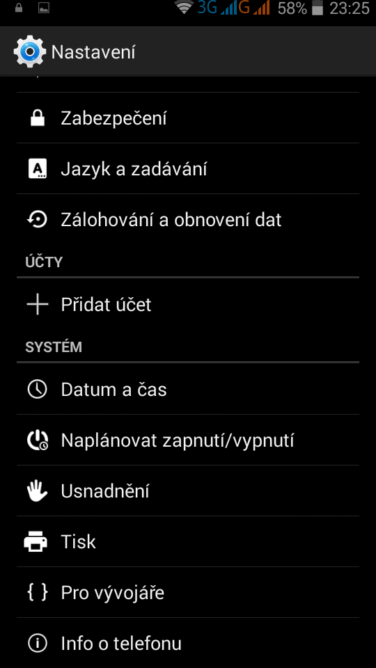 6.15.2 Zálohování mých dat Zakliknutím volby Zálohování mých dat se veškeré data aplikací, hesla k Wi-Fi sítím a další nastavení telefonu ukládají na serverech společnosti Google. 6.