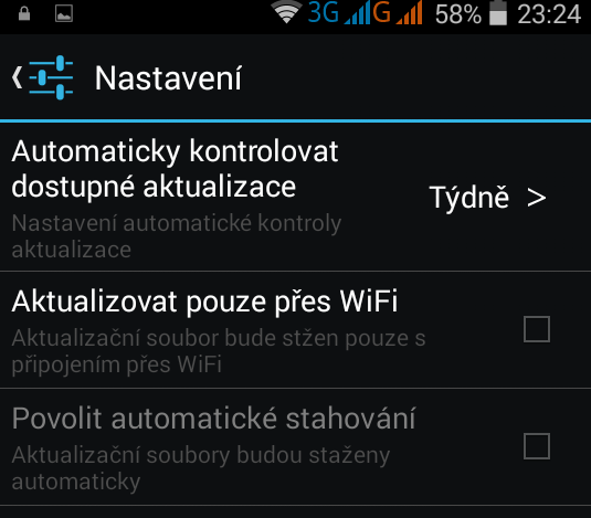 Aktualizovat pouze přes Wi-Fi provádět aktualizaci pouze při připojení do Wi-Fi sítě. Doporučujeme mít zapnuté, neboť si nečerpáte z datového tarifu data.