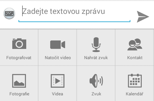 1 Přidání multimediálního obsahu do MMS zprávy Pro přidání multimediálního obsahu do SMS zprávy klikněte na tlačítko a zvolte požadovaný typ obsahu