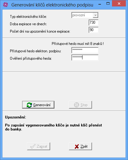 22 BankKlient Zadejte 8-místné heslo (YYYYYYYY) z instalační SMS zprávy a klikněte na tlačítko OK. Zobrazí se dialog, pro vygenerování klíčů elektronického podpisu.