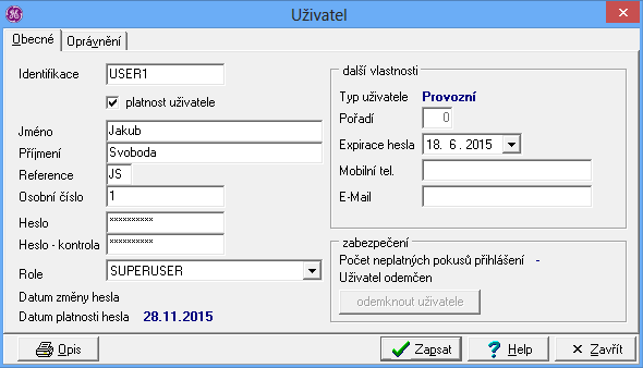 27 Po kliknutí na tlačítko Nový se vyvolá formulář pro zadání nového uživatele, kde zadáme jednoho uživatele s právy administrátora (SUPERUSER nebo ADMINISTRATOR), například jak je uvedeno na