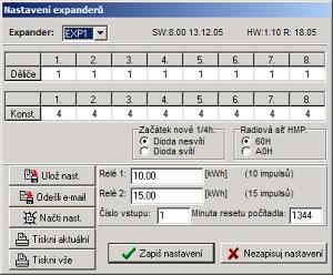 2.3.6 Nastavení expanderů VE-8 Po zvolení této položky se zobrazí okno, ve kterém jsou načteny hodnoty aktuálního nastavení jednotlivých vstupních expanderů.