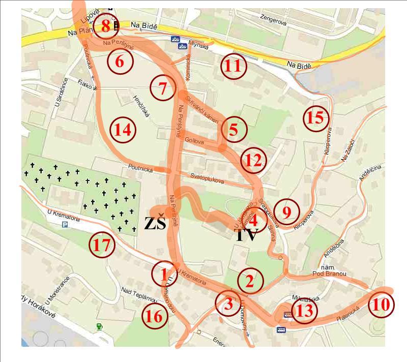 Mapování a dotazníkové šetření 1. Nepřehledná křižovatka, chybí přechod 41x 2. Chybí přechod a část chodníku 59x 3. Příliš úzký chodník v zimě mantinely 45x 4.