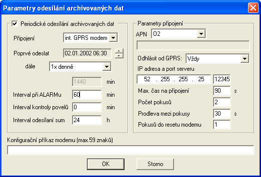 NASTAVENÍ STANICE M4016 PRO ODESÍLÁNÍ DAT POD TCP/IP PROTOKOLEM Tlačítko Odesílání dat na záložce hlavních parametrů zpřístupní nastavovací okno periodického odesílání archivovaných dat