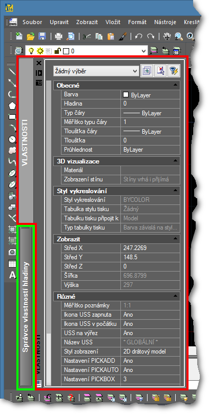 4.3. Ukotvení panelu Vlastnosti, správce vlastností hladin a řádku příkazů Jak je zmíněno výše, progecad umožňuje přizpůsobení vzhledu pracovního prostředí v rámci nástrojových panelů.