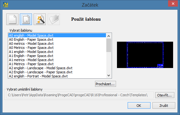 4.7. Otevření a uložení 4.7.1. Otevřít Otevření existujícího výkresu. ProgeCAD umožňuje otevřít soubory s koncovkami DWG, DXF, DXB, DWF, DWT, DGN.