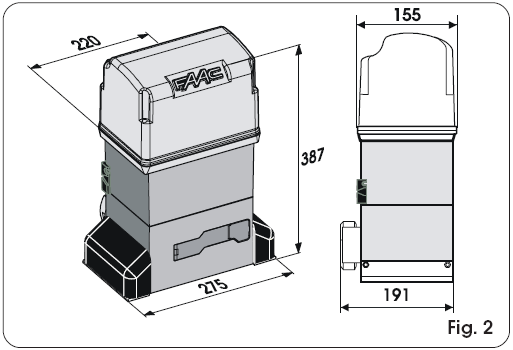 Tab.1 Technické parametry pohonu Pohon FAAC 844 Napájení 230 Vac +6% -10% 50-60Hz Příkon 650 W Převodový poměr 1 : 30 Pastorek Z20 - Z16 Hřeben modul 4 - krok 12.566 Max.