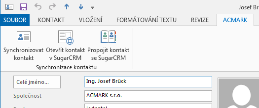 4.2.2 Zobrazení funkcí kontaktu v Microsoft Outlook 4.2.2.1 Funkce v detailu Kontaktu Pokud si v Microsoft Outlook otevřeme detail kontaktu, změní se nabídka v ACMARK panelu na nabídku možností pro daný kontakt.