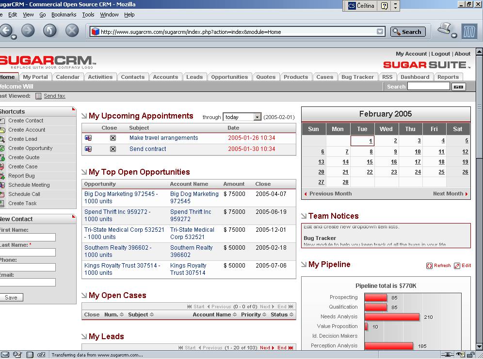 Supply Chain Managment (SCM) 25 Obrázek 2.4: Pyramida řízení vs rozšířený ERP model Obrázek 2.5: Open source CRM řešení SugarCRM [7] například v oblasti kontroly kvality, logistiky dodávek a podobně.