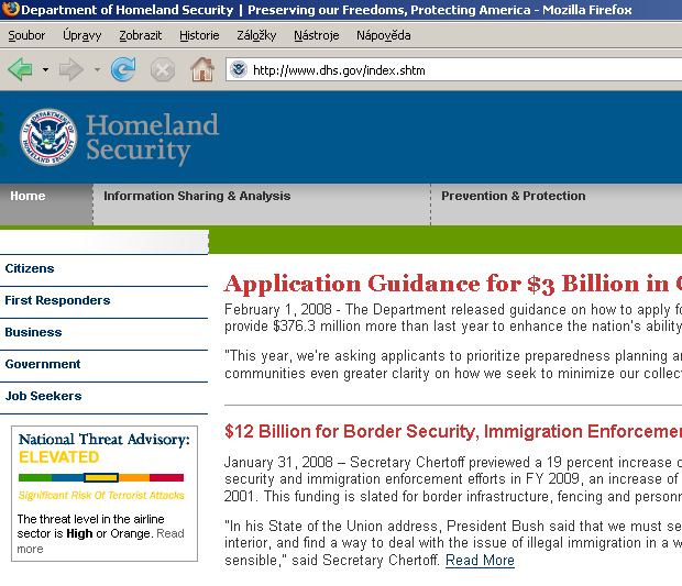 Kritická infrastruktura 33 Obrázek 3.3: Web department of Homeland Security (d) Monitorovací služby radiační, chemické a biologické ochrany (e) Předpovědi, varování, hlásná služba 8.