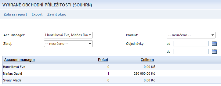 - 101 - Servis a reporting v IS Reporty Reportem je libovolný náhled na data systému (například statistika obratu obchodních příležitostí). Jsou dostupné z menu Reporty.