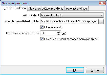 Nastavení importu e-mailů. V Hlavním menu v nabídce Systém / Nastavení poštovního klienta stisknete tlačítko Nastavení a následně vyberete Váš poštovní program.