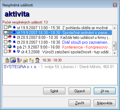 Upozornění. Zde můžete nastavit všechny parametry pro upozornění na Událost. Můžete se nechat upozornit několik hodin nebo dní dopředu nebo si nechat upozornění poslat na E-mail nebo formou SMS.