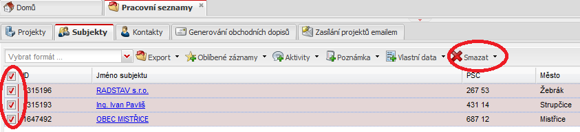 Po práci v pracovních seznamech doporučujeme tuto pracovní oblast smazat, aby zůstala čistá pro další práci a to jak v záložce Projekty, tak v záložce Subjekty.