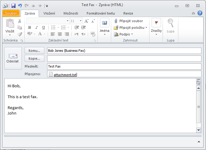 Snímek obrazovky 3: Odeslání faxu z aplikace Microsoft Outlook Důležité poznámky: 1. Tento způsob přenosu převádí faxy do faxového formátu (*.fax) na serveru GFI FaxMaker.